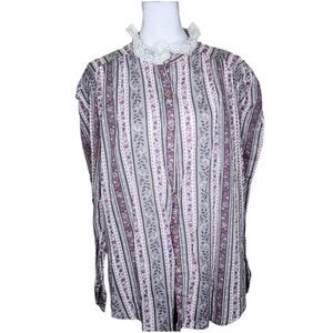 Vintage Long Sleeve High Neck Prairie Button Down Top Blouse Womens 2XL Gray